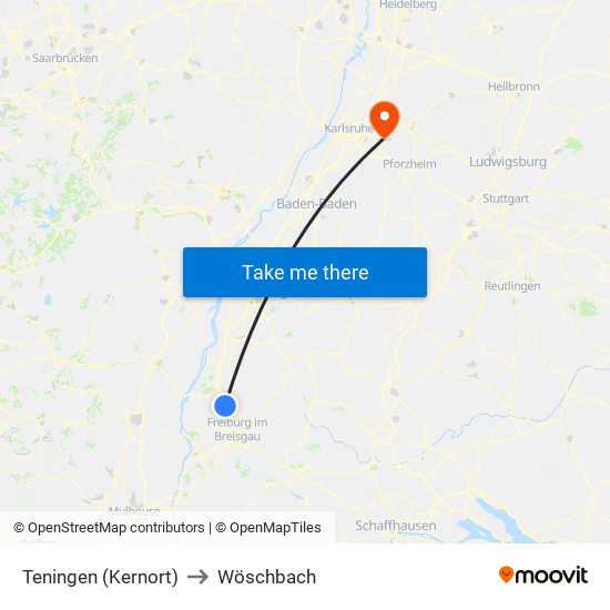 Teningen (Kernort) to Wöschbach map