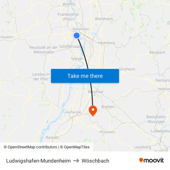 Ludwigshafen-Mundenheim to Wöschbach map