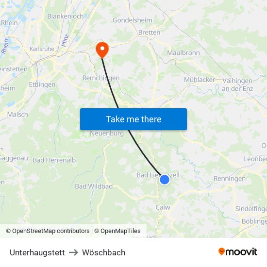 Unterhaugstett to Wöschbach map