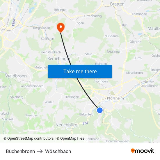 Büchenbronn to Wöschbach map