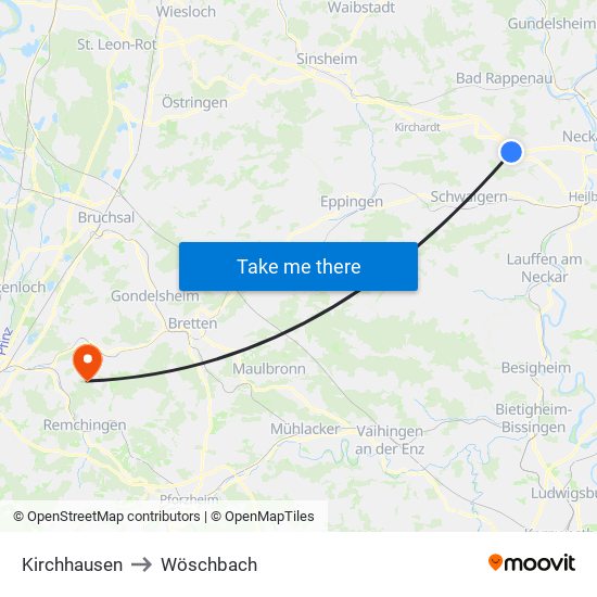 Kirchhausen to Wöschbach map