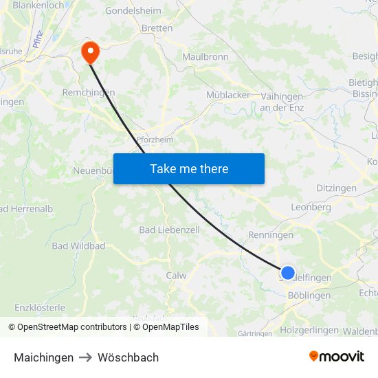 Maichingen to Wöschbach map