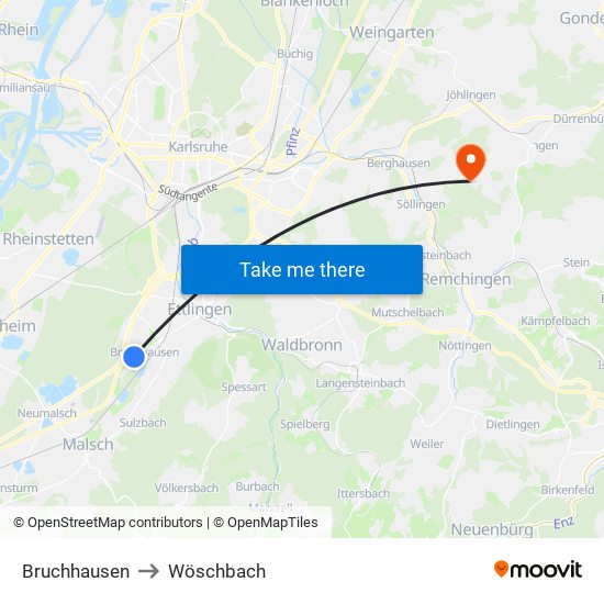 Bruchhausen to Wöschbach map