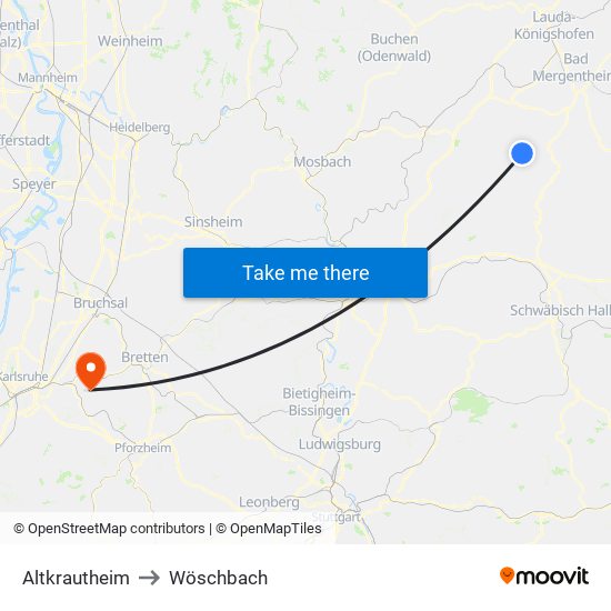 Altkrautheim to Wöschbach map