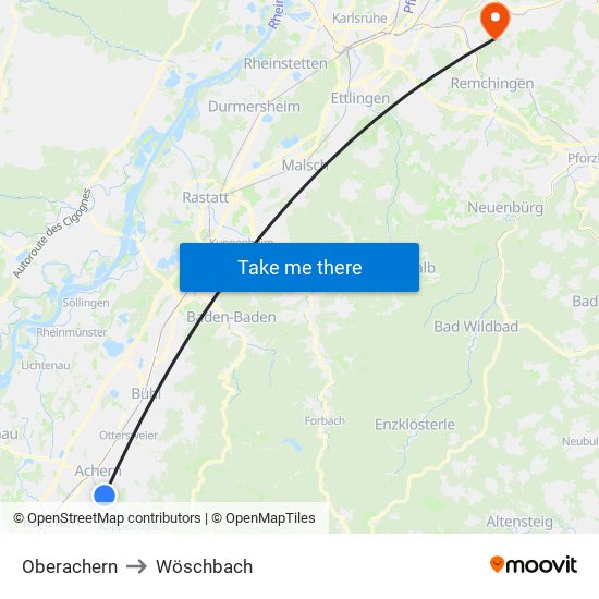 Oberachern to Wöschbach map