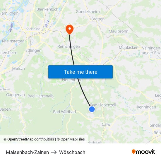 Maisenbach-Zainen to Wöschbach map