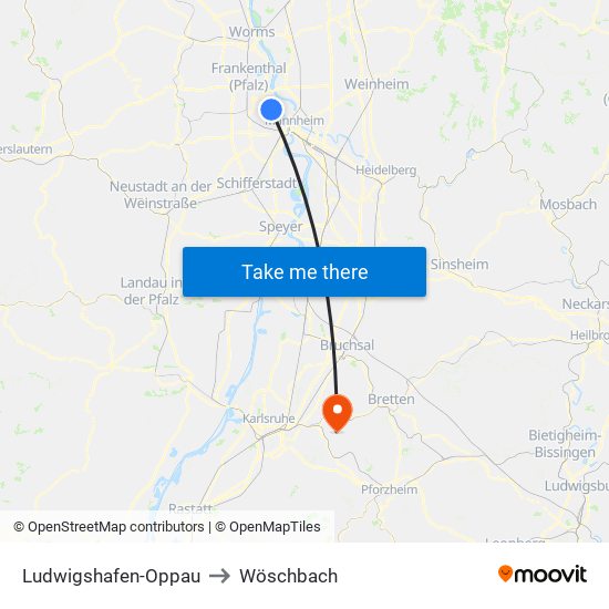 Ludwigshafen-Oppau to Wöschbach map