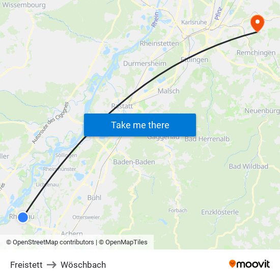 Freistett to Wöschbach map