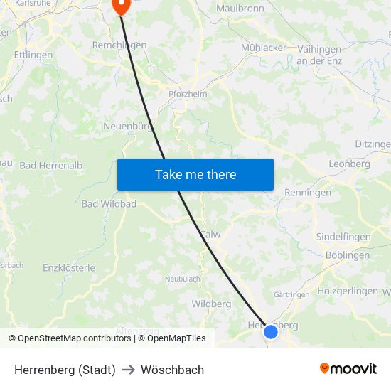 Herrenberg (Stadt) to Wöschbach map