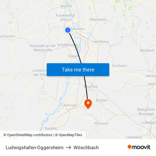 Ludwigshafen-Oggersheim to Wöschbach map