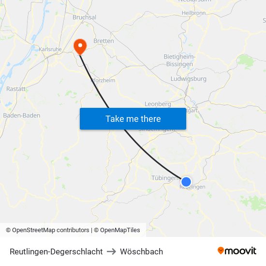 Reutlingen-Degerschlacht to Wöschbach map