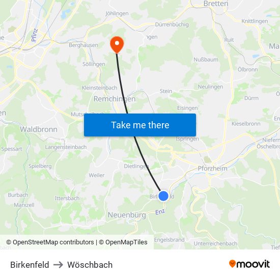 Birkenfeld to Wöschbach map