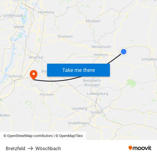 Bretzfeld to Wöschbach map