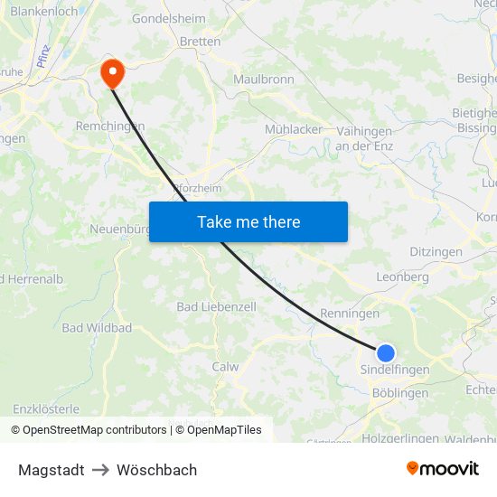 Magstadt to Wöschbach map