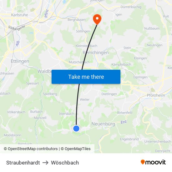 Straubenhardt to Wöschbach map