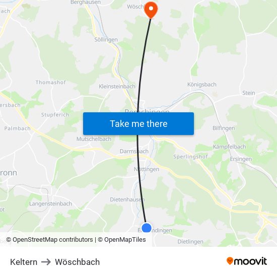 Keltern to Wöschbach map