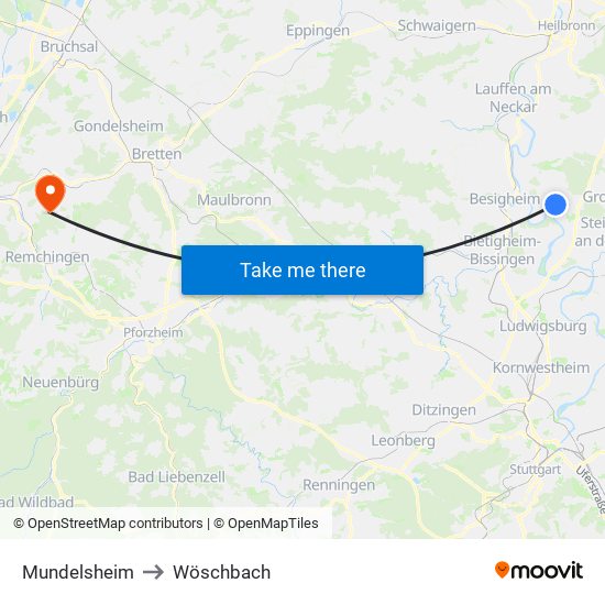 Mundelsheim to Wöschbach map