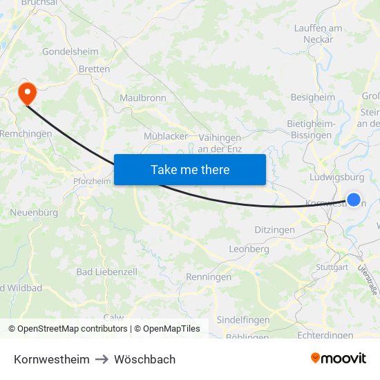 Kornwestheim to Wöschbach map