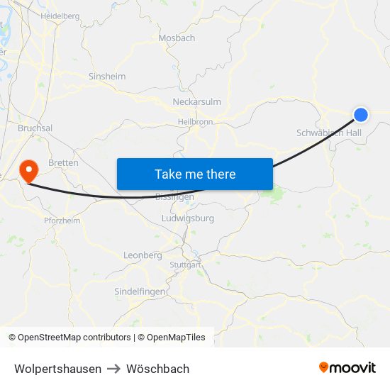 Wolpertshausen to Wöschbach map