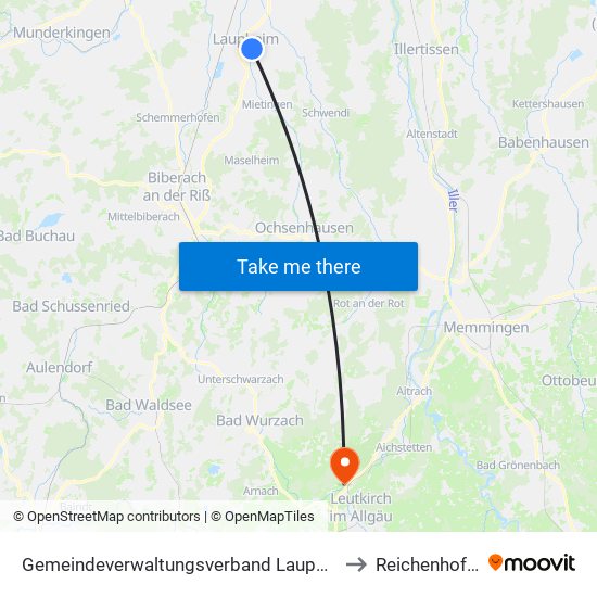 Gemeindeverwaltungsverband Laupheim to Reichenhofen map