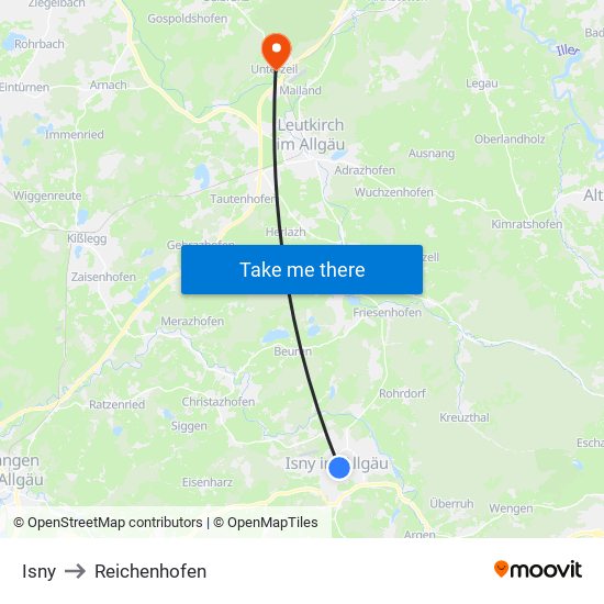 Isny to Reichenhofen map