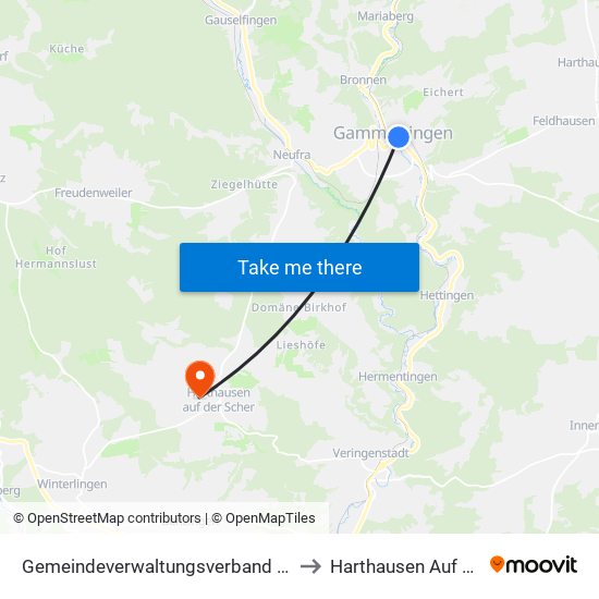 Gemeindeverwaltungsverband Gammertingen to Harthausen Auf Der Scher map