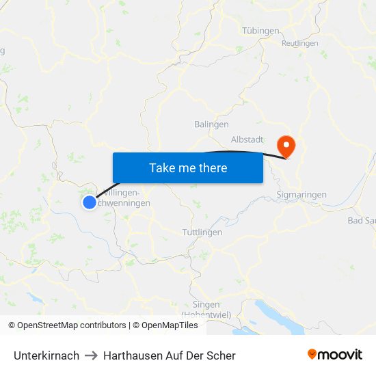 Unterkirnach to Harthausen Auf Der Scher map