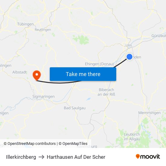 Illerkirchberg to Harthausen Auf Der Scher map