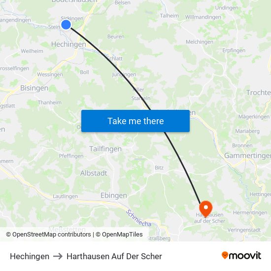 Hechingen to Harthausen Auf Der Scher map