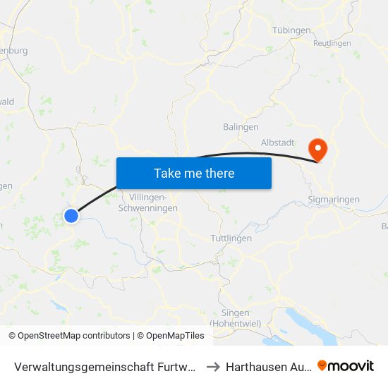 Verwaltungsgemeinschaft Furtwangen Im Schwarzwald to Harthausen Auf Der Scher map