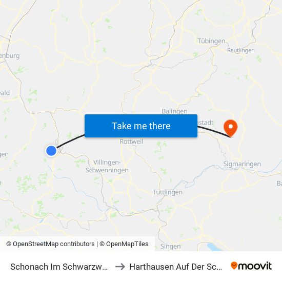 Schonach Im Schwarzwald to Harthausen Auf Der Scher map