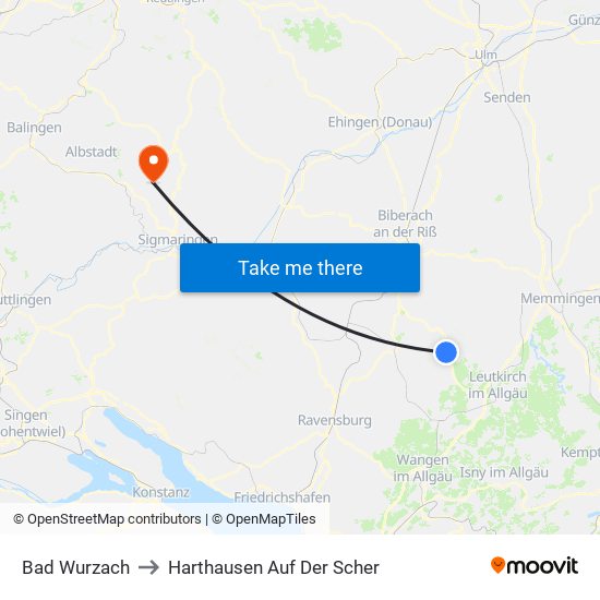 Bad Wurzach to Harthausen Auf Der Scher map