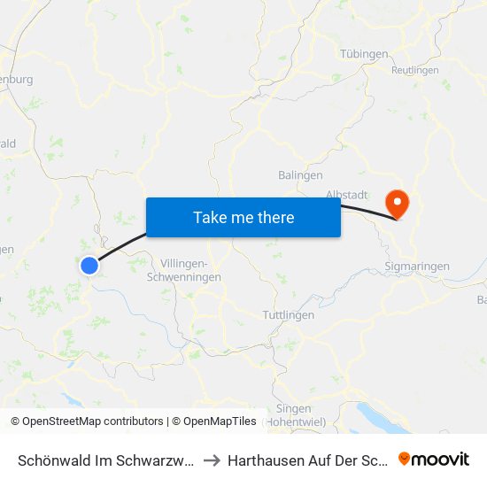 Schönwald Im Schwarzwald to Harthausen Auf Der Scher map