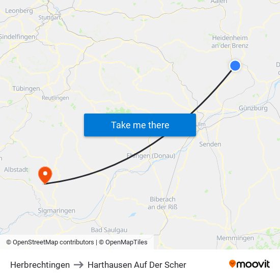 Herbrechtingen to Harthausen Auf Der Scher map