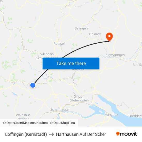 Löffingen (Kernstadt) to Harthausen Auf Der Scher map