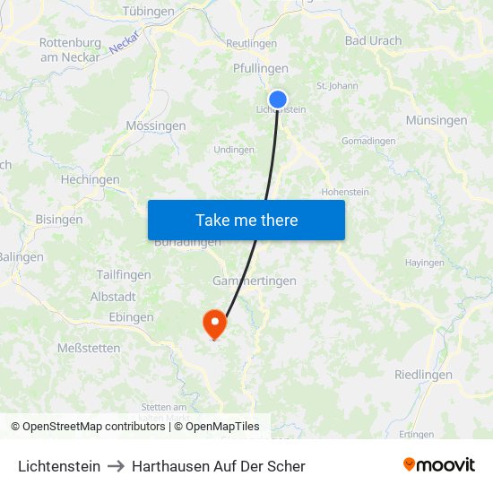 Lichtenstein to Harthausen Auf Der Scher map