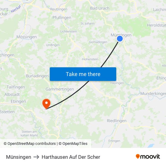 Münsingen to Harthausen Auf Der Scher map
