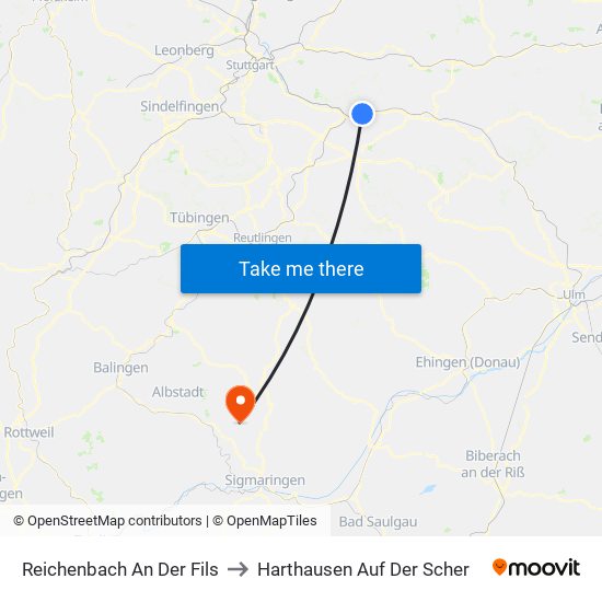 Reichenbach An Der Fils to Harthausen Auf Der Scher map
