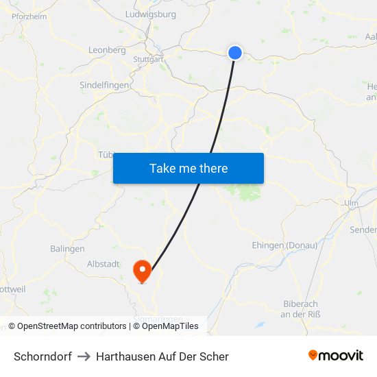 Schorndorf to Harthausen Auf Der Scher map