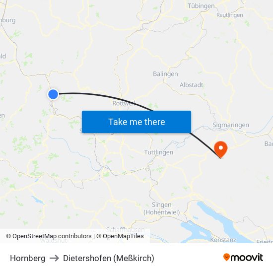 Hornberg to Dietershofen (Meßkirch) map