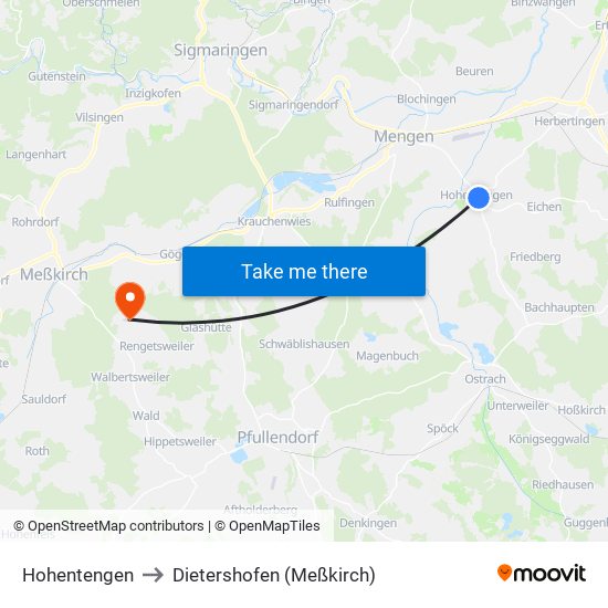 Hohentengen to Dietershofen (Meßkirch) map