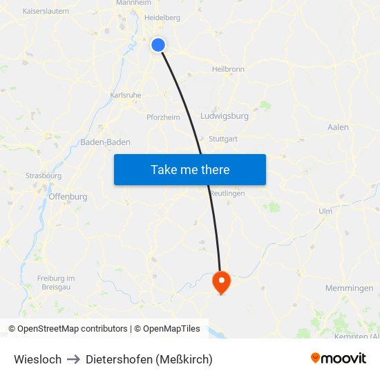 Wiesloch to Dietershofen (Meßkirch) map