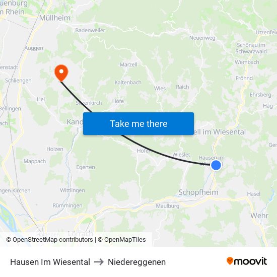 Hausen Im Wiesental to Niedereggenen map