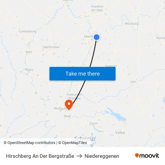 Hirschberg An Der Bergstraße to Niedereggenen map