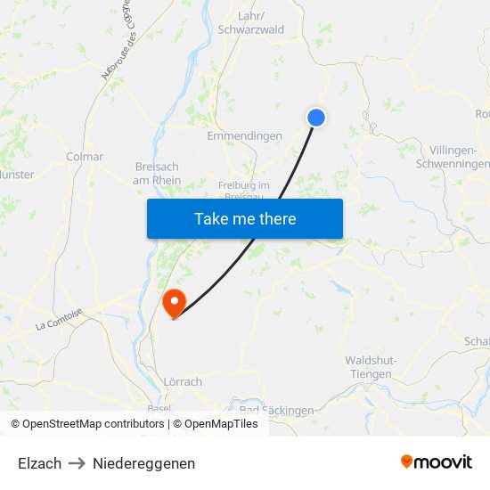 Elzach to Niedereggenen map