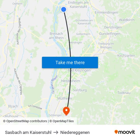 Sasbach am Kaiserstuhl to Niedereggenen map