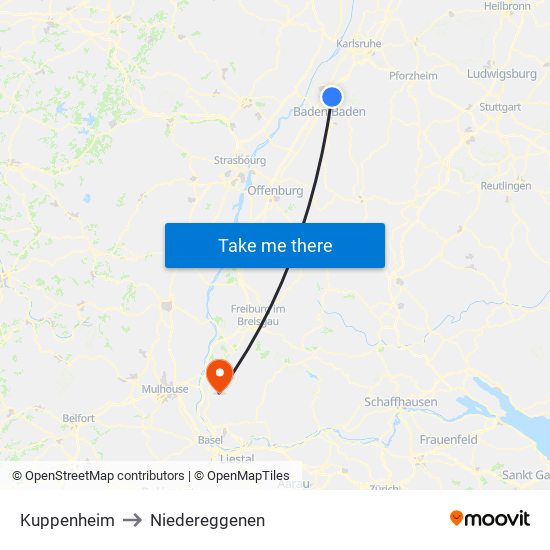 Kuppenheim to Niedereggenen map