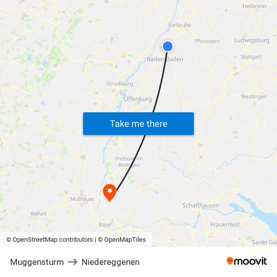 Muggensturm to Niedereggenen map