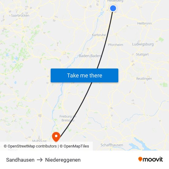 Sandhausen to Niedereggenen map