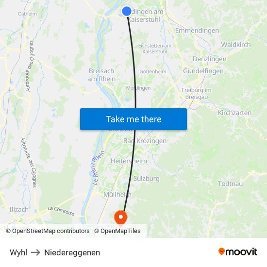 Wyhl to Niedereggenen map